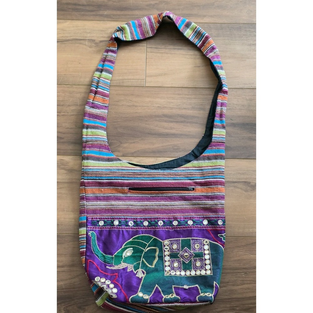 Boho Elephant Embroidered Cotton Hobo Bag Striped Crossbody Festival Purse India